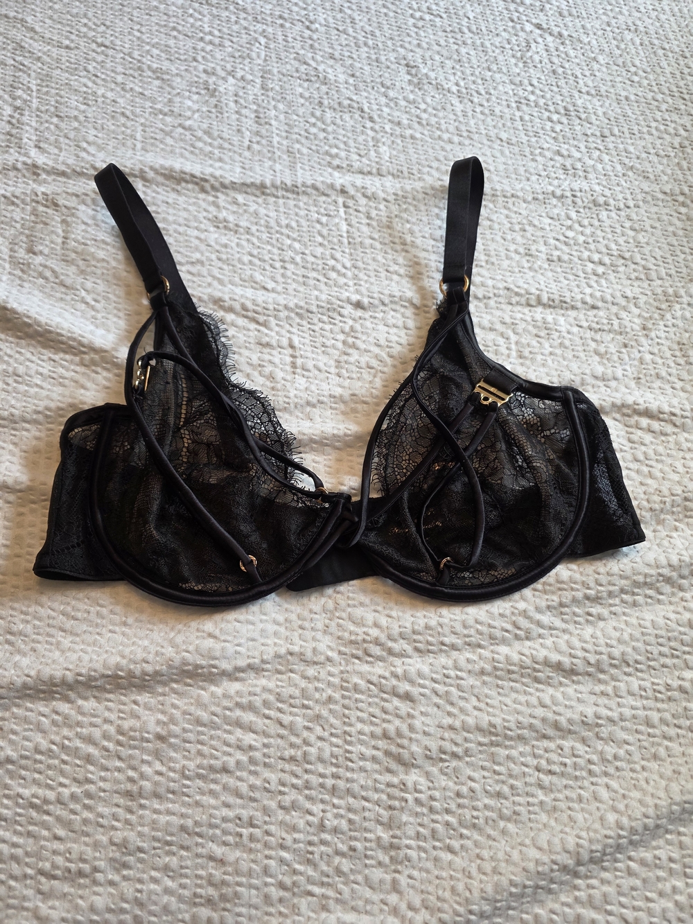 Honey Birdette Black Sheer Lace Underwire Bra with Strap Detailing 38 DD